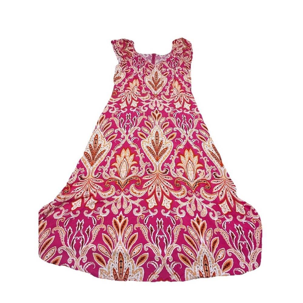 Women’s Loft Pink Damask Floral Cap Sleeve MIDI Dress Size 12